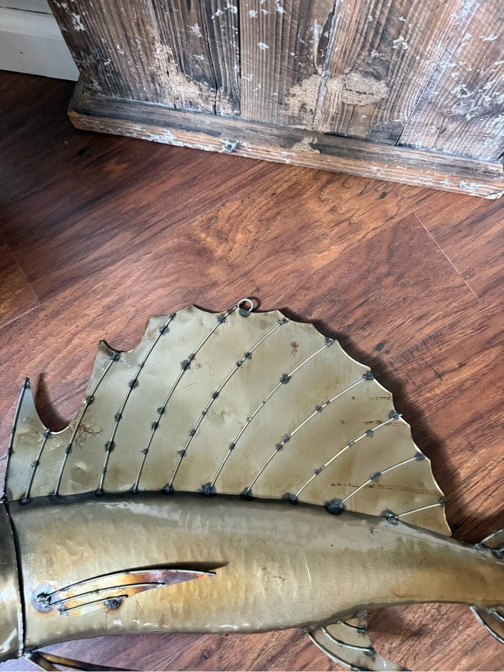 Metal Sailfish Wall Sculpture Brass Color  38 In.  Coastal Folk Art